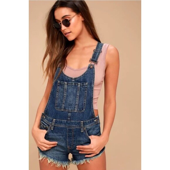 Free People Denim Blue Jean Shorts Overalls - Picture 1 of 3